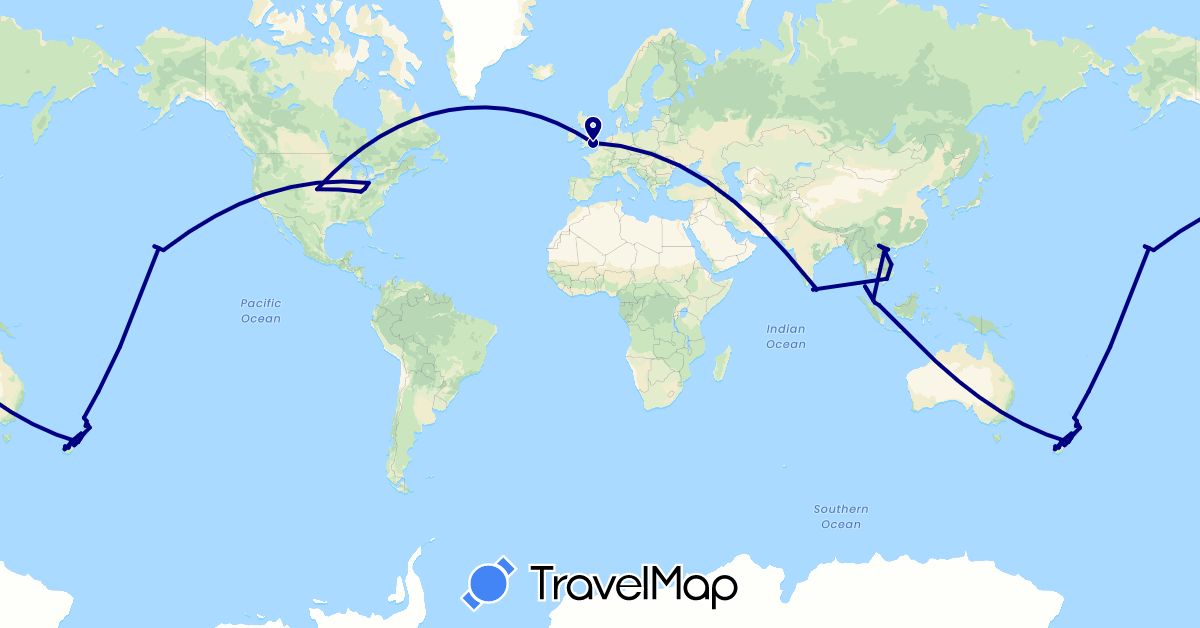TravelMap itinerary: driving in United Kingdom, Sri Lanka, Malaysia, New Zealand, Singapore, Thailand, United States, Vietnam, Samoa (Asia, Europe, North America, Oceania)